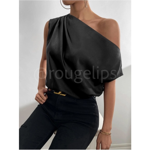Black Satin Draped Asymmetrical Blouse Top - Picture 6 of 12